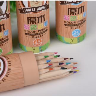 原木彩色铅笔圆纸桶装24色木杆铅笔